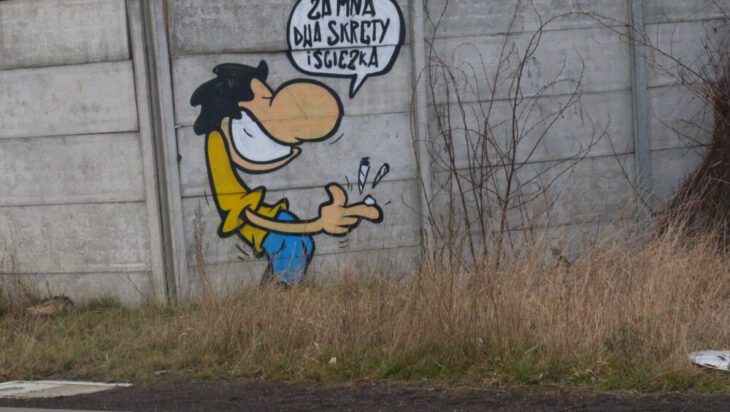 Grafitti przy ul. Przodowników. Jego autor Tomasz Szwedzki będzie musiał dorobić nowy dymek.
