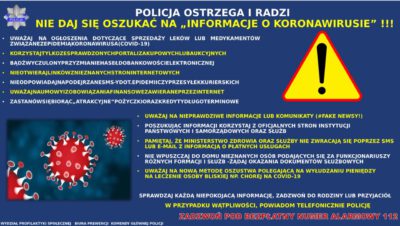 
Policja ostrzega – nie daj się oszukać na informacje o koronawirusie !