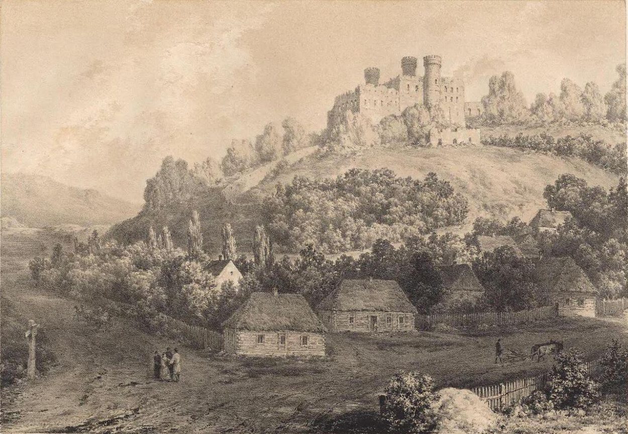 Ruiny zamku Ogrodzieniec (na ilustracji zamek w pełnej krasie wg rys. Napoleona Ordy z poł. XIX w.), tak chętnie odwiedzany przez turystów jest też miejscem, gdzie podobno straszy. Podobno jakiś pies, podobno czarny, podobno wyje, oj strasznie! 